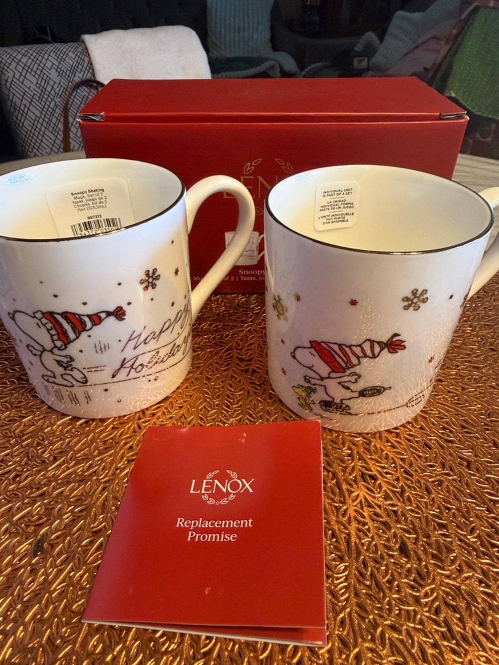 Lenox Snoopy Holiday Mugs in White, Red and Gold Accent